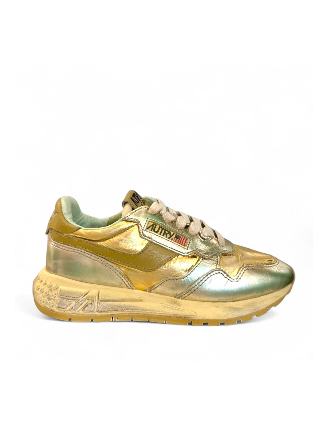 Zapatillas Autry nailon dorado y piel metalizada platino